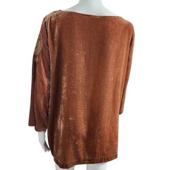 J. Jill Embroidered Velvet Top with Bell Sleeves Brown Bohemian Paisley Scroll L - Picture 8 of 10